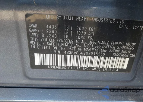 2013 Subaru Legacy 2.5I Premium z USA, uszkodzony, nr VIN 4S3BMBG69D3018259